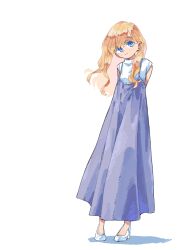 Rule 34 | 1girl, arms behind back, blonde hair, blue eyes, blush, closed mouth, dress, full body, high heels, highres, long hair, looking at viewer, maribel hearn, nama udon, purple dress, shirt, short sleeves, simple background, smile, solo, standing, touhou, white background, white footwear, white shirt