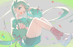 Rule 34 | 1girl, :d, absurdres, aqua eyes, aqua hair, aqua sweater, blue skirt, boots, candy, commentary, cross-laced clothes, cross-laced sleeves, doll joints, food, full body, gift (vocaloid), hair ornament, hatsune miku, heart, heart hair ornament, highres, joints, long hair, long sleeves, looking at viewer, nitanda cona, open mouth, pencil skirt, pink ribbon, pink socks, popcorn, quad tails, ribbon, skirt, smile, socks, solo, sweater, v over eye, very long hair, vocaloid, white footwear
