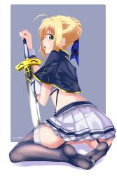Rule 34 | 10s, 1girl, absurdres, alzano school uniform, artoria pendragon (all), artoria pendragon (fate), black thighhighs, blonde hair, braid, breasts, excalibur (fate/stay night), excalibur (mythology), fate (series), feet, french braid, from behind, green eyes, hand on sword, highres, incro300, large breasts, looking at viewer, looking back, no shoes, rokudenashi majutsu koushi to akashic record, saber (fate), school uniform, sitting, soles, solo, thighhighs, wariza