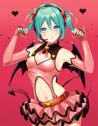 Rule 34 | 1girl, :q, alternate hair length, alternate hairstyle, aqua eyes, aqua hair, armpits, artist name, bare shoulders, belt, breasts, cleavage, clothing cutout, commentary request, cowboy shot, demon tail, demon wings, elbow gloves, fingerless gloves, garter straps, gloves, hair between eyes, hair ribbon, hands up, hatsune miku, headset, heart, heart cutout, heart hunter (module), highres, holding, holding hair, looking at viewer, medium hair, midriff, miniskirt, navel, nokuhashi, pink gloves, pink shirt, pink skirt, pleated skirt, project diva (series), red background, red belt, red ribbon, ribbon, shirt, sidelocks, simple background, skirt, sleeveless, sleeveless shirt, small breasts, smile, solo, standing, tail, tongue, tongue out, twintails, vocaloid, wings