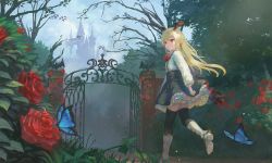 Rule 34 | 1girl, animal, bat wings, black skirt, black thighhighs, blonde hair, blue sky, blush, boots, bug, butterfly, closed mouth, cloud, cloudy sky, commentary request, day, flower, frilled shirt, frilled skirt, frills, gate, granblue fantasy, hair between eyes, head wings, high heel boots, high heels, highres, insect, knee boots, long hair, long sleeves, outdoors, petticoat, pointy ears, puffy long sleeves, puffy sleeves, red eyes, red flower, red rose, red wings, rose, rose bush, shirt, skirt, sky, smile, solo, standing, standing on one leg, thighhighs, vampy, very long hair, wasabi60, white footwear, white shirt, wings