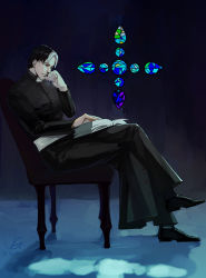 Rule 34 | 1boy, batman (series), book, chair, dc comics, flashpoint, jason todd, crossed legs, male focus, multicolored hair, open book, priest, reading, sash, sitting, solo, stained glass, two-tone hair