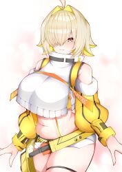 Rule 34 | 1girl, :3, absurdres, ahoge, black gloves, blonde hair, blush, breasts, clothing cutout, crop top, cropped sweater, elegg (nikke), exposed pocket, gloves, goddess of victory: nikke, grey shorts, hair intakes, hair over eyes, highres, large breasts, long bangs, long sleeves, looking at viewer, micro shorts, multicolored clothes, multicolored gloves, multicolored hair, navel, okine (okine691), purple eyes, short hair, shorts, shoulder cutout, solo, suspender shorts, suspenders, thigh strap, two-tone hair, yellow gloves