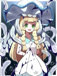 Rule 34 | 1girl, :d, absurdres, arms behind back, blonde hair, blunt bangs, border, braid, collarbone, collared dress, commentary request, creatures (company), dress, eyelashes, game freak, gen 7 pokemon, green eyes, highres, ink, lillie (pokemon), long hair, looking at viewer, nihilego, nintendo, on head, open mouth, outside border, pokemon, pokemon (creature), pokemon on head, pokemon sm, shabana may, sleeveless, sleeveless dress, smile, sundress, teeth, tongue, twin braids, ultra beast, upper teeth only, white border, white dress