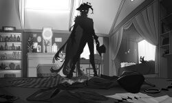 Rule 34 | 1boy, absurdres, axelotl (axel syrios), bed, bicorne, bottle, cape, commentary, creature, curtains, english commentary, fireplace, full body, gavis bettel, gigglepox, gloves, greyscale, hakkito (banzoin hakka), hat, highres, holding, holding clothes, holding hat, holostars, holostars english, indoors, light rays, looking ahead, looking at another, male focus, monochrome, phantom (gavis bettel), second-party source, silhouette, solo focus, standing, top hat, unworn clothes, unworn hat, unworn headwear, virtual youtuber