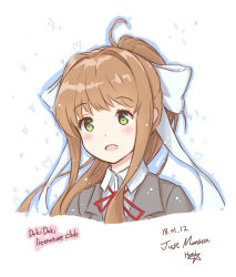 Rule 34 | 1girl, :d, ahoge, artist name, bad id, bad pixiv id, blazer, blush, bow, brown hair, collared shirt, commentary request, copyright name, dated, doki doki literature club, green eyes, grey jacket, hair bow, hani (v2ictory), highres, jacket, long hair, looking at viewer, monika (doki doki literature club), open mouth, ponytail, portrait, red neckwear, ribbon, school uniform, shirt, sidelocks, signature, simple background, smile, solo, tareme, white background, white shirt