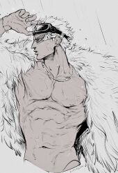 Rule 34 | absurdres, blonde hair, bracelet, donquixote doflamingo, earrings, eyes visible through eyewear, feather coat, goggles, goggles on head, highres, jewelry, male focus, multiple rings, muscular, muscular male, necklace, nowosuke, one piece, open clothes, parted lips, partially colored, rain, ring, short hair, sketch, sunglasses, upper body