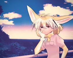Rule 34 | 1girl, against railing, animal ear fluff, animal ears, bad id, bad twitter id, blonde hair, bow, bowtie, brown eyes, closed mouth, cloud, day, extra ears, fennec (kemono friends), fox ears, hair between eyes, hand on own cheek, hand on own face, hand up, highres, inactive account, jmeysan, kemono friends, looking at viewer, multicolored hair, outdoors, photo background, pink sweater, puffy short sleeves, puffy sleeves, railing, short hair, short sleeves, sky, smile, solo, sweater, upper body, white hair, yellow bow, yellow bowtie