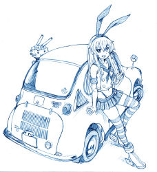 Rule 34 | 10s, 1girl, ankle boots, bbb (friskuser), blue theme, boots, car, elbow gloves, gloves, highleg, highleg panties, kantai collection, long hair, monochrome, motor vehicle, panties, rensouhou-chan, shimakaze (kancolle), simple background, striped clothes, striped thighhighs, subaru (brand), subaru 360, thighhighs, underwear, vehicle, vehicle focus, white background