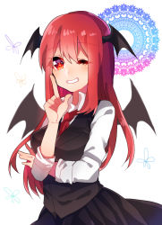 Rule 34 | + +, 1girl, ;d, arm up, bat wings, blush, breast hold, breasts, collared shirt, dress shirt, eyebrows, eyelashes, grin, hair between eyes, head wings, index finger raised, koakuma, long hair, long sleeves, looking at viewer, necktie, one eye closed, open mouth, red eyes, red hair, red necktie, renka (sutegoma25), shirt, simple background, skirt, skirt set, smile, solo, touhou, vest, white background, white shirt, wings