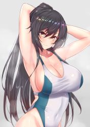 Rule 34 | 1girl, armpits, arms behind head, arms up, black hair, breasts, cleavage, closed mouth, collarbone, competition swimsuit, covered navel, cowboy shot, grey background, highleg, highleg swimsuit, highres, idolmaster, idolmaster shiny colors, large breasts, long hair, looking at viewer, one-piece swimsuit, ponytail, sankakusui, shiny skin, shirase sakuya, simple background, skin tight, smell, smile, solo, steaming body, swimsuit, upper body, very long hair, white one-piece swimsuit, yellow eyes