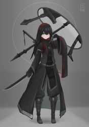 Rule 34 | 1girl, absurdres, belt, black coat, black eyes, black footwear, black legwear, coat, dagger, full body, hair between eyes, hairband, highres, holding, holding dagger, holding knife, holding sword, holding weapon, jewelry, jiang1274, knife, long hair, long sleeves, necklace, original, polearm, portal (object), red hairband, solo, spear, standing, sword, tight clothes, turtleneck, weapon, weapon on back