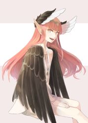 Rule 34 | 1girl, black wings, breasts, circe (fate), dress, epitaph (1122), fate/grand order, fate (series), feathered wings, head wings, highres, invisible chair, long hair, looking at viewer, open mouth, pink hair, pointy ears, red hair, simple background, sitting, sleeveless, sleeveless dress, small breasts, solo, two-tone background, very long hair, white dress, white wings, wings