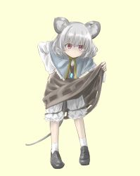 Rule 34 | 1girl, animal ears, black footwear, bloomers, blue capelet, brown dress, capelet, clothes lift, commentary request, dress, dress lift, grey hair, hair between eyes, jewelry, leaning forward, lifted by self, loafers, long sleeves, mouse ears, mouse girl, mouse tail, naegi (naegidokoro), nazrin, pendant, red eyes, shirt, shoes, socks, solo, standing, tail, touhou, underwear, v-shaped eyebrows, white bloomers, white shirt, white socks
