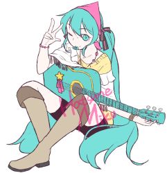Rule 34 | 1girl, ;), acoustic guitar, aqua eyes, aqua hair, bad id, bad pixiv id, boots, brown footwear, character name, collar, full body, guitar, hatsune miku, head scarf, instrument, knee boots, knees up, long hair, looking at viewer, mouth hold, one eye closed, plectrum, simple background, sitting, smile, solo, v, very long hair, vocaloid, white background