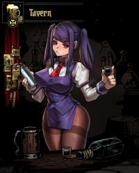 Rule 34 | alternate breast size, black pantyhose, breasts, crossover, cup, darkest dungeon, drinking glass, jill stingray, large breasts, necktie, niur, pantyhose, pelvic curtain, purple hair, red eyes, shot glass, solo, thermos, twintails, va-11 hall-a, vest