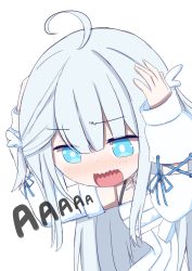 Rule 34 | 1girl, ahoge, amatsuka uto, angel wings, arms up, blue eyes, blue hair, blunt bangs, commentary, cowboy shot, detached sleeves, dress, english commentary, english text, flat chest, furrowed brow, hair ornament, hairclip, halter dress, halterneck, highres, indie virtual youtuber, light blush, long hair, looking down, mixed-language commentary, not like this (meme), open mouth, ribbon, romaji commentary, screaming, short twintails, simple background, sleeve cuffs, solo, stefan9517, twintails, virtual youtuber, white background, wings
