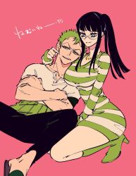 Rule 34 | 1boy, 1girl, arched back, bare legs, black hair, black pants, blue eyes, blunt bangs, breasts, collarbone, dress, facing viewer, foot out of frame, from side, full body, glasses, green footwear, green hair, green sweater, high heels, highres, index finger raised, jewelry, large breasts, leaning on person, leaning to the side, long hair, looking at viewer, necklace, nico robin, no nose, non-web source, nose, official alternate costume, one piece, pants, parted lips, pink background, pink eyes, roronoa zoro, sanpaku, seiza, shirt, short hair, short sleeves, sidelocks, sideways glance, sitting, sleeves past wrists, striped clothes, striped dress, striped sweater, sweater, sweater dress, teeth, tsurime, two-tone sweater, upper teeth only, v-shaped eyebrows, very short hair, white-framed eyewear, white shirt, white sweater, wl6yugi8go1