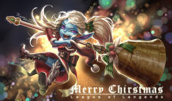 Rule 34 | 1girl, bell, blue skin, boots, christmas, colored skin, hair ornament, league of legends, long hair, mistletoe, pointy ears, poppy (league of legends), ribbon, santa costume, scotishfold, smile, twintails, weapon, white hair, yordle