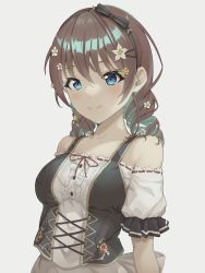 Rule 34 | 1girl, aqua eyes, artist name, artist request, bare shoulders, black bow, black corset, black hairband, blue eyes, blush, bow, bow hairband, bowtie, braid, breasts, brown hair, buttons, center frills, cleavage, collarbone, corset, curly hair, detached sleeves, dress, drill hair, emma verde, evergreen (love live!), female focus, flower, flower hair ornament, flower print, freckles, frilled dress, frills, german clothes, green hairband, grey background, hair between eyes, hair flower, hair ornament, hairband, hairclip, highres, jewelry, long hair, looking at viewer, love live!, love live! nijigasaki high school idol club, love live! school idol festival, medium breasts, parted lips, plaid, plaid dress, pleated, pleated dress, puffy short sleeves, puffy sleeves, red bow, red hair, red ribbon, ribbon, ribbon trim, senguyen1011, short sleeves, smile, solo, swiss clothes, twin braids, twin drills, twintails, upper body, white bow, white dress