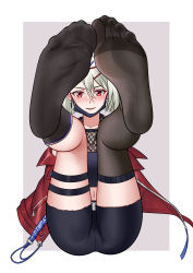 Rule 34 | 1girl, absurdres, black legwear, feet, feet up, girls&#039; frontline, highres, jacket, light blush, looking at viewer, mask, medium hair, mouth mask, necklace, parted lips, red eyes, ring, ring necklace, see-through, see-through legwear, silver hair, simple background, socks, soles, sr-2 (girls&#039; frontline), thighs, toes