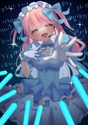 Rule 34 | 1girl, absurdres, blue bow, blue bowtie, blue dress, blue eyes, blue ribbon, blush, bow, bowtie, breasts, cleavage, detached collar, dress, fang, frilled dress, frilled hairband, frills, gloves, glowstick, hairband, half-closed eyes, hand on own chest, highres, long hair, looking at viewer, medium breasts, mouthpiece, open mouth, original, pink hair, puffy short sleeves, puffy sleeves, reaching, reaching towards viewer, ribbon, short sleeves, skin fang, solo, sparkle, sweat, two side up, upper body, uu3cm, very long hair, white gloves