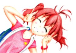 Rule 34 | 10s, 1girl, absurdres, alternate hair color, bangle, blush, bracelet, collarbone, colored pencil (medium), colorized, double w, closed eyes, grin, highres, icchigood, jewelry, kuraue hinata, mixed media, pink shirt, red hair, shirt, short sleeves, side ponytail, signature, smile, solo, star (symbol), t-shirt, traditional media, twintails, upper body, w, watercolor pencil (medium), white background, yama no susume