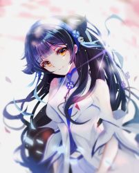 Rule 34 | 1girl, black hair, blunt bangs, chinese clothes, floating hair, highres, lens flare, light smile, long hair, looking at viewer, orange eyes, purple hair, solo, tingqu, upper body, wangzhe rongyao, xishi, yellow eyes