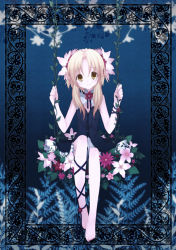 Rule 34 | 1girl, bad id, bad pixiv id, bare legs, barefoot, blonde hair, dress, feet, flat chest, flower, framed, hair flower, hair ornament, koto (colorcube), leg ribbon, long hair, looking at viewer, original, parted bangs, plant, ribbon, short hair with long locks, smile, solo, swing, vines, yellow eyes