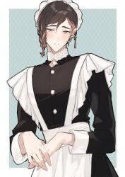 Rule 34 | 1boy, apron, black dress, black hair, blush, braid, crossdressing, dress, frilled apron, frills, highres, jewelry, long sleeves, looking at viewer, maid, maid headdress, male focus, nu carnival, own hands together, parted lips, red eyes, red hair, side braid, simple background, solo, sonomi, tears, upper body, white apron, yakumo (nu carnival)