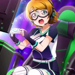 Rule 34 | 1girl, artist name, artist request, black gloves, black skirt, blush, breasts, brown hair, chair, collarbone, controller, female focus, fingerless gloves, game controller, gaming chair, gloves, goggles, hair between eyes, headphones, holding, holding controller, holding game controller, koizumi hanayo, layered skirt, looking at viewer, love live!, love live! school idol festival, love live! school idol project, miniskirt, on chair, parted lips, plaid, plaid skirt, pleated, pleated skirt, purple eyes, shirt, short hair, short sleeves, sitting, skirt, small breasts, smile, solo, sparkle, swivel chair, television, white legwear