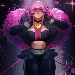 Rule 34 | 1girl, abs, breasts, cleavage, crop top, falling petals, gloves, ickpot, large breasts, lips, long hair, long sleeves, manon legrand, petals, pink hair, street fighter, street fighter 6, sunglasses