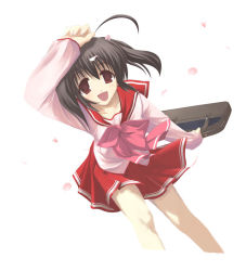 Rule 34 | 00s, 1girl, :d, ahoge, bag, brown hair, collarbone, holding, long sleeves, looking at viewer, open mouth, red skirt, sailor collar, satomi (black scarecrow), school bag, school uniform, serafuku, shirt, simple background, skirt, smile, solo, to heart (series), to heart 2, white background, white shirt, yuzuhara konomi