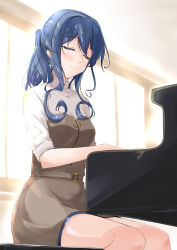 Rule 34 | 1girl, blue hair, blurry, commentary request, depth of field, closed eyes, gotland (kancolle), hair between eyes, instrument, kantai collection, long hair, mikage takashi, mole, mole under eye, music, piano, playing instrument, playing piano, ponytail, voice actor connection, sitting, smile, solo