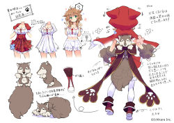 Rule 34 | 1girl, animal hands, animal hood, bloomers, blush, boots, bow, breasts, brown hair, capelet, character sheet, cleavage, commentary, copyright notice, corset, cross-laced clothes, cross-laced top, dress, dress bow, frilled skirt, frilled sleeves, frills, from behind, gloves, green eyes, highres, hood, hood up, hooded capelet, large breasts, looking at viewer, medium hair, messy hair, midriff, moeki yuuta, multiple views, navel, nijisanji, no hood, paw gloves, paw print, paw print pattern, plaid, plaid skirt, puffy sleeves, red skirt, short sleeves, skirt, skirt set, tail, thighhighs, translation request, underwear, virtual youtuber, warabeda meijii, warabeda meijii (1st costume), white dress, white thighhighs, wolf, wolf hood, wolf tail