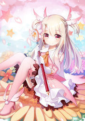 Rule 34 | + +, 1girl, absurdres, artist request, bare shoulders, blush, boots, commentary request, elbow gloves, fate/kaleid liner prisma illya, fate (series), feather hair ornament, feathers, flower, gloves, hair ornament, high heel boots, high heels, highres, holding, holding wand, illyasviel von einzbern, kaleidostick, knees together feet apart, knees up, looking at viewer, magical girl, magical ruby, pink footwear, pink thighhighs, prisma illya, red eyes, sitting, smile, star (symbol), thigh boots, thighhighs, two side up, wand, white gloves, white hair