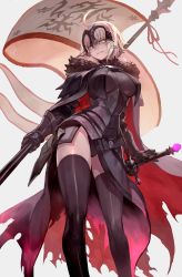 Rule 34 | 1girl, ahoge, armor, armored dress, black panties, black thighhighs, blonde hair, breasts, contrapposto, fate/grand order, fate (series), flagpole, gauntlets, grin, headpiece, highres, jeanne d&#039;arc (fate), jeanne d&#039;arc alter (avenger) (fate), jeanne d&#039;arc alter (avenger) (first ascension) (fate), jeanne d&#039;arc alter (fate), lack, large breasts, panties, pantyshot, polearm, ruler (fate/grand order), sheath, sheathed, smile, solo, spear, standing, sword, thighhighs, underwear, weapon, yellow eyes, zettai ryouiki