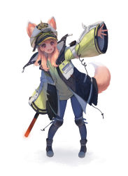 Rule 34 | 1girl, animal ears, fox ears, fox tail, highres, long hair, open hand, open mouth, original, oversized clothes, pink eyes, pink hair, police, rwael, solo, symbol-only commentary, tail, waving, white background