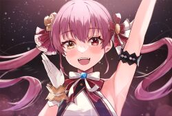 Rule 34 | 1girl, armpits, blush, hair ornament, hair ribbon, haru yu, heterochromia, highres, hololive, hololive idol uniform, houshou marine, idol, long hair, looking at viewer, official alternate costume, open mouth, red eyes, red hair, red ribbon, ribbon, smile, solo, teeth, twintails, upper teeth only, virtual youtuber, yellow eyes