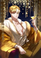 Rule 34 | 1boy, adam&#039;s apple, armchair, bead curtain, beads, blonde hair, blurry, chair, character request, closed mouth, coat, collarbone, collared shirt, cookie run, crossed legs, cup, depth of field, drink, drinking glass, eye mask, eyelashes, flower, fur-trimmed coat, fur trim, gold trim, green eyes, hand up, highres, holding, holding cup, korean commentary, long sleeves, looking at viewer, male focus, muksal, off shoulder, pants, parted bangs, pectorals, rose, shirt, short hair, sitting, smile, solo, white flower, white rose, white shirt, yellow coat, yellow pants