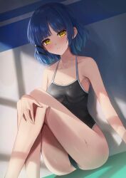 Rule 34 | 1girl, absurdres, alternate costume, amane sora, bare arms, bare legs, black one-piece swimsuit, blue hair, blunt bangs, bocchi the rock!, feet out of frame, hair ornament, hairclip, highres, knees up, looking at viewer, mole, mole under eye, one-piece swimsuit, parted lips, short hair, sitting, solo, swimsuit, wet, yamada ryo, yellow eyes