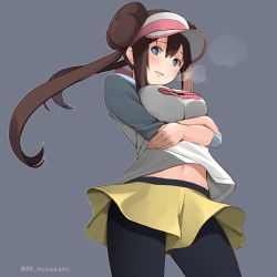 Rule 34 | 1girl, absurdres, arms under breasts, befu, black pantyhose, blue eyes, blue sleeves, blush, bow, breasts, brown hair, commentary request, cowboy shot, creatures (company), crossed arms, double bun, game freak, grey background, hair between eyes, hair bun, hat, heavy breathing, highres, large breasts, long hair, looking at viewer, midriff peek, navel, nintendo, pantyhose, pantyhose under shorts, parted lips, pink bow, poke ball print, pokemon, pokemon bw2, raglan sleeves, rosa (pokemon), shirt, short shorts, shorts, sidelocks, simple background, solo, standing, sweatdrop, taut clothes, taut shirt, twintails, twitter username, very long hair, visor cap, white shirt, yellow shorts