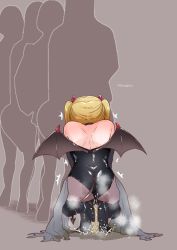 Rule 34 | 1girl, artist name, ass, back, bare shoulders, black choker, black footwear, black gloves, black pantyhose, blonde hair, boots, brown background, choker, demon horns, demon tail, demon wings, elbow gloves, fake tail, fake wings, female focus, from behind, full body, gloves, halloween costume, high heels, horns, kinagirea, leotard, long hair, original, pantyhose, pee, peeing, peeing self, puddle, queue, shiny clothes, signature, silhouette, simple background, solo focus, squatting, standing, steam, strapless, strapless leotard, tail, thigh boots, thighhighs, trembling, twintails, twitter username, wet, wet clothes, wings