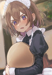 Rule 34 | 1girl, blurry, blurry background, blush, brown hair, collared dress, dress, fang, frown, highres, holding, holding tray, juliet sleeves, light particles, long sleeves, looking at viewer, maid, maid headdress, naname (7name), open mouth, original, puffy sleeves, purple eyes, short hair, skin fang, solo, sweat, thick eyebrows, tray, upper body