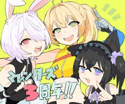 Rule 34 | 3girls, :3, ahoge, animal ears, anniversary, bags under eyes, bare shoulders, black gloves, black hair, black hairband, black shirt, blonde hair, blue eyes, blush, breasts, cat ears, cat girl, cleavage cutout, clothing cutout, commentary request, cropped shirt, detached collar, detached sleeves, ear down, finger counting, fingerless gloves, frilled hairband, frills, gloves, green background, green eyes, hair intakes, hair ornament, hair over one eye, hair scrunchie, hairband, hand up, highres, index finger raised, keenu (winterz.), large breasts, long hair, long sleeves, looking at viewer, mechanical arms, midriff, multiple girls, navel, notice lines, ohitori (o hitori sama 1), omochi (winterz.), one eye covered, open mouth, outstretched arm, pink eyes, pink hair, ponytail, purple ribbon, rabbit ears, rabbit girl, red eyes, ribbon, scrunchie, shirt, side ponytail, simple background, single mechanical arm, sleeveless, sleeveless shirt, smile, spaghetti strap, teeth, toshiya (winterz.), translation request, two-tone eyes, upper body, virtual youtuber, winterz., yellow shirt, zipper