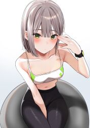 Rule 34 | 1girl, adjusting hair, bare shoulders, between legs, black pants, blush, breasts, collarbone, green eyes, grey hair, hair between eyes, hand between legs, hand up, highres, looking at viewer, medium breasts, motto notto, navel, original, pants, shirt, short hair, sitting, small breasts, solo, stomach, sweat, watch, wristwatch