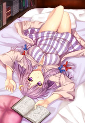 Rule 34 | 1girl, bed, blue bow, book, bookshelf, bow, breasts, buttons, cleavage, commentary, crescent, crescent hair ornament, dress, hair bow, hair ornament, highres, large breasts, long hair, looking at viewer, lying, no headwear, on back, on bed, open book, parted lips, partially unbuttoned, patchouli knowledge, pillow, purple eyes, purple hair, red bow, solo, striped clothes, striped dress, thighs, touhou, zatma0041