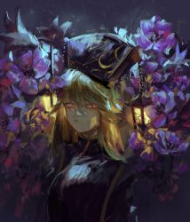 Rule 34 | 1girl, absurdres, black headwear, black tabard, blonde hair, chinese clothes, commentary, flower, flower request, highres, junko (touhou), lantern, long hair, looking at viewer, nazoko, night, parted lips, phoenix crown, purple flower, red eyes, sideways glance, solo, tabard, touhou, upper body
