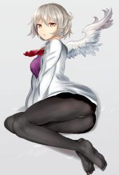 Rule 34 | 1girl, :o, ascot, ass, bad id, bad twitter id, black pantyhose, black skirt, breasts, brooch, cameltoe, derivative work, dress, feathered wings, feet, from side, full body, houdukixx, jacket, jewelry, kishin sagume, long sleeves, looking at viewer, looking to the side, lying, medium breasts, microdress, microskirt, on side, open clothes, open jacket, pantyhose, parted lips, purple dress, red eyes, short hair, silver hair, single wing, skirt, solo, touhou, white wings, wings