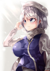 Rule 34 | 1girl, absurdres, breasts, closed mouth, commentary request, grey eyes, grey hair, highres, lapel pin, large breasts, letty whiterock, light rays, long sleeves, mahoro (minase mahoro), purple vest, scarf, simple background, smile, solo, touhou, upper body, vest, white headwear, white scarf